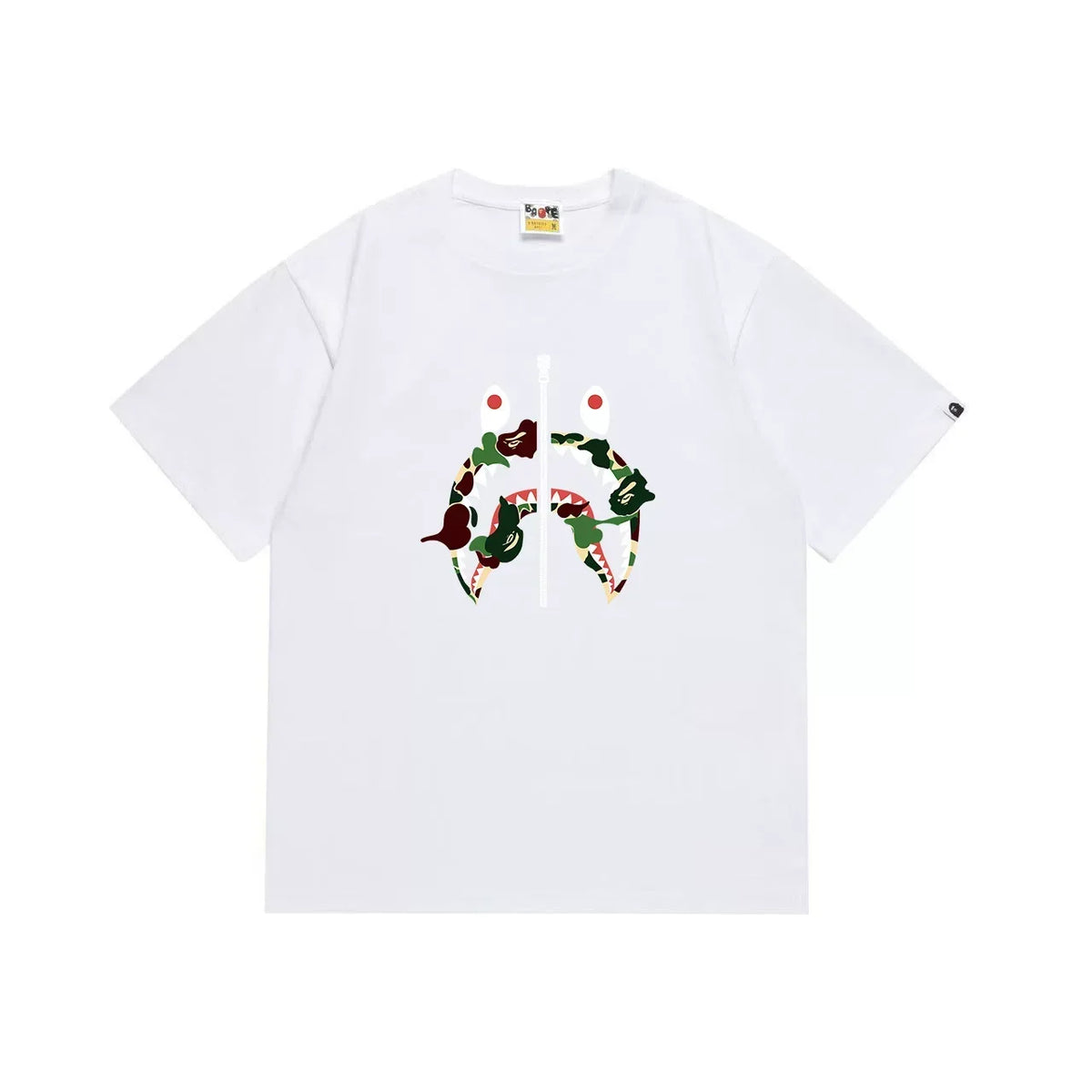 BAPE Style Camo Shark Full-Zip Motif Short-Sleeve Tee - White/Classic Green