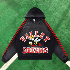 Vale Forever Vintage Sport Graphic Pullover Hoodie (Black / Red Stripes & Bee Applique)